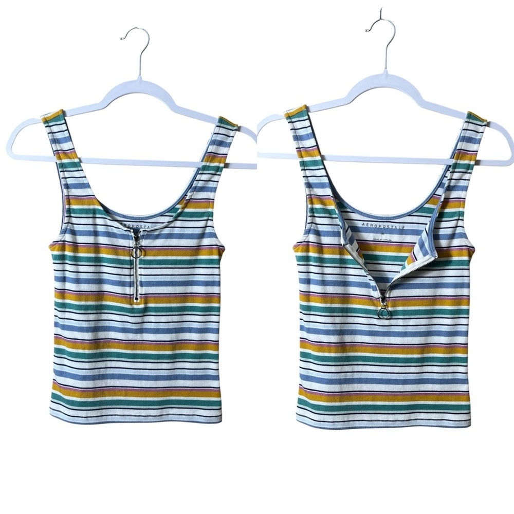 Aeropostale Striped Zip Front Y2K Style Tank Top Medium Retro Casual Preppy